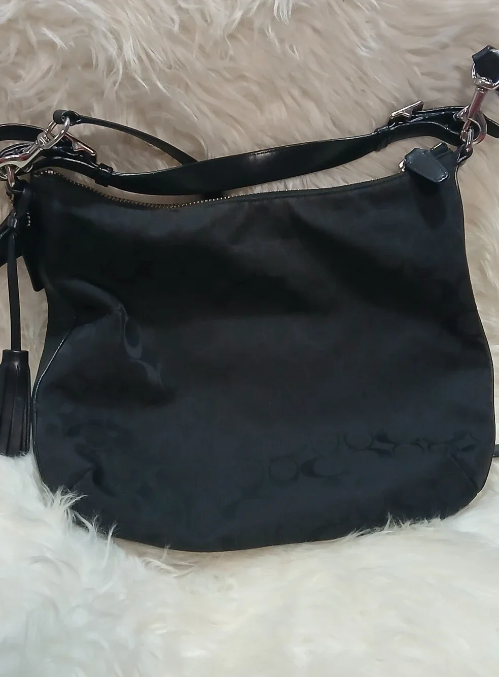 Coach Black Signature Canvas Shoulder Bag with Front Turnlock Pocket